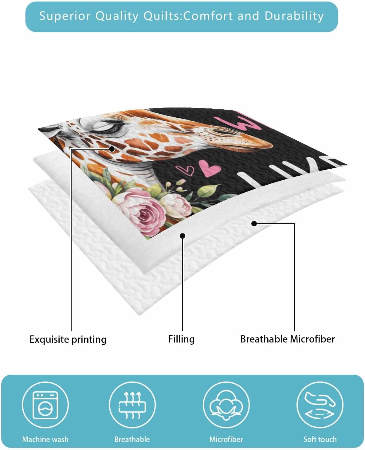 Full Quilt Sets with 2 Pillow Shams, Giraffes Flowers Lightweight Summer Quilts Full Size, A Girl Who Likes Giraffes Elegant Animals Black Bedspreads Coverlet Bedding Set 3 Pieces for All Season