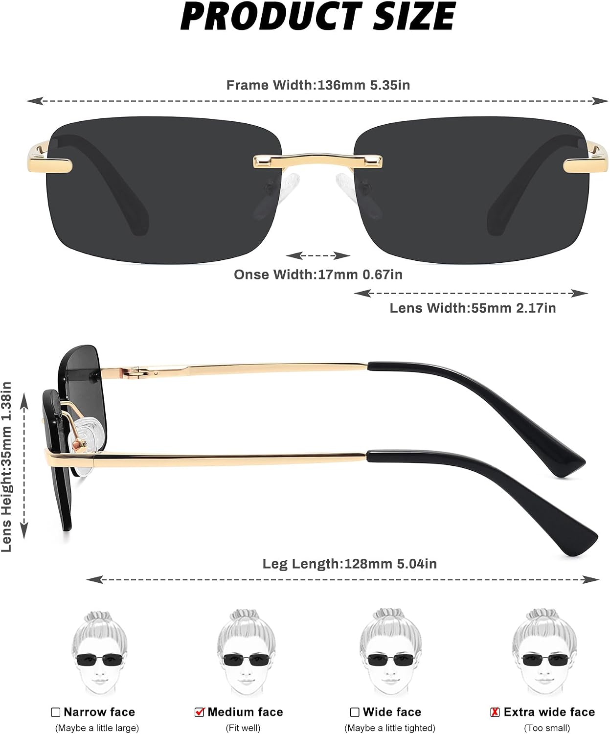 Retro Frameless Rectangle Sunglasses Womens Trendy Narrow Small Frame Spring Hinge UV Protection FZN905