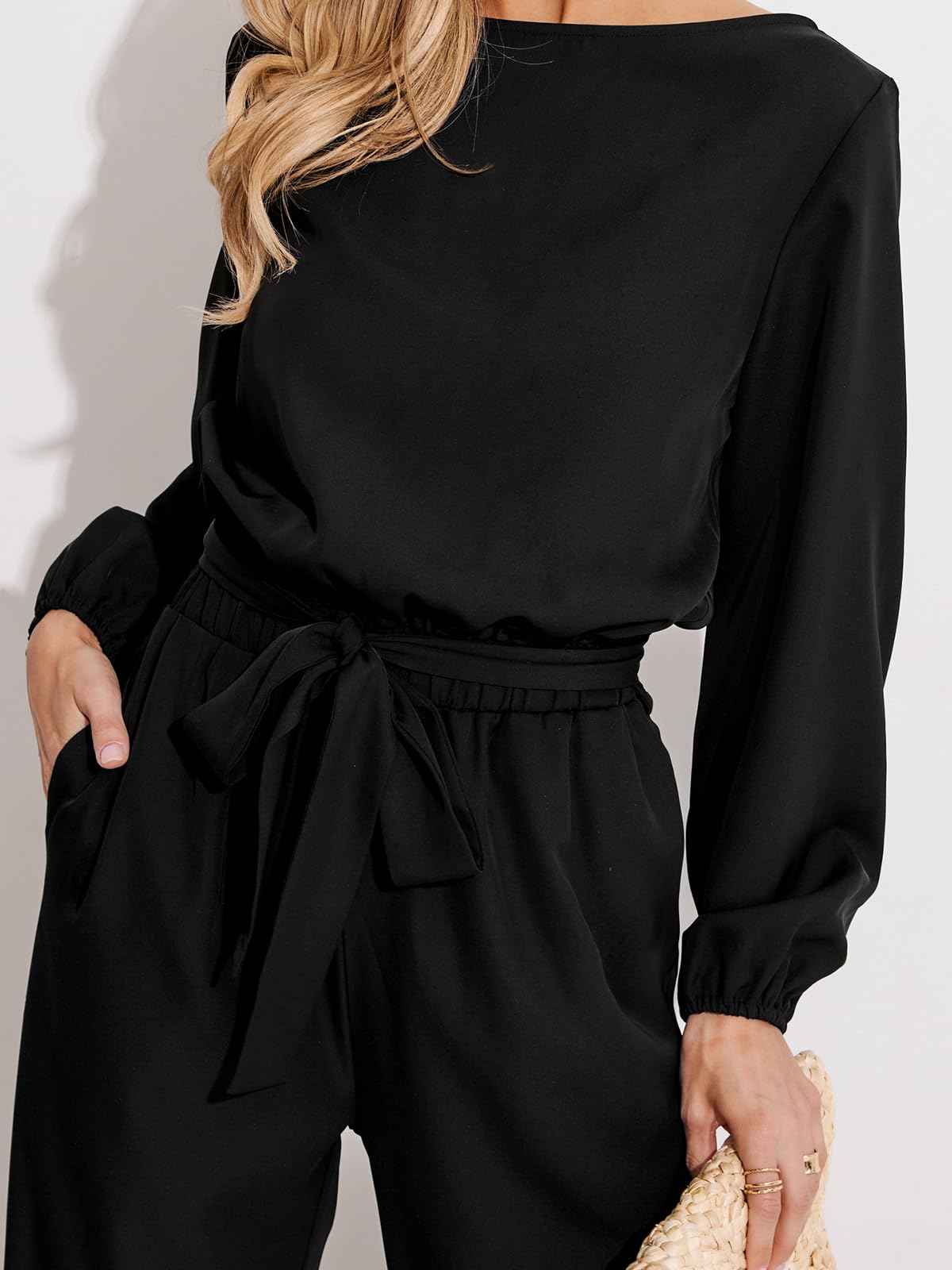 CUPSHE Damen Elegant Jumpsuit Bootskragen Langarm Playsuit mit Gürtel
