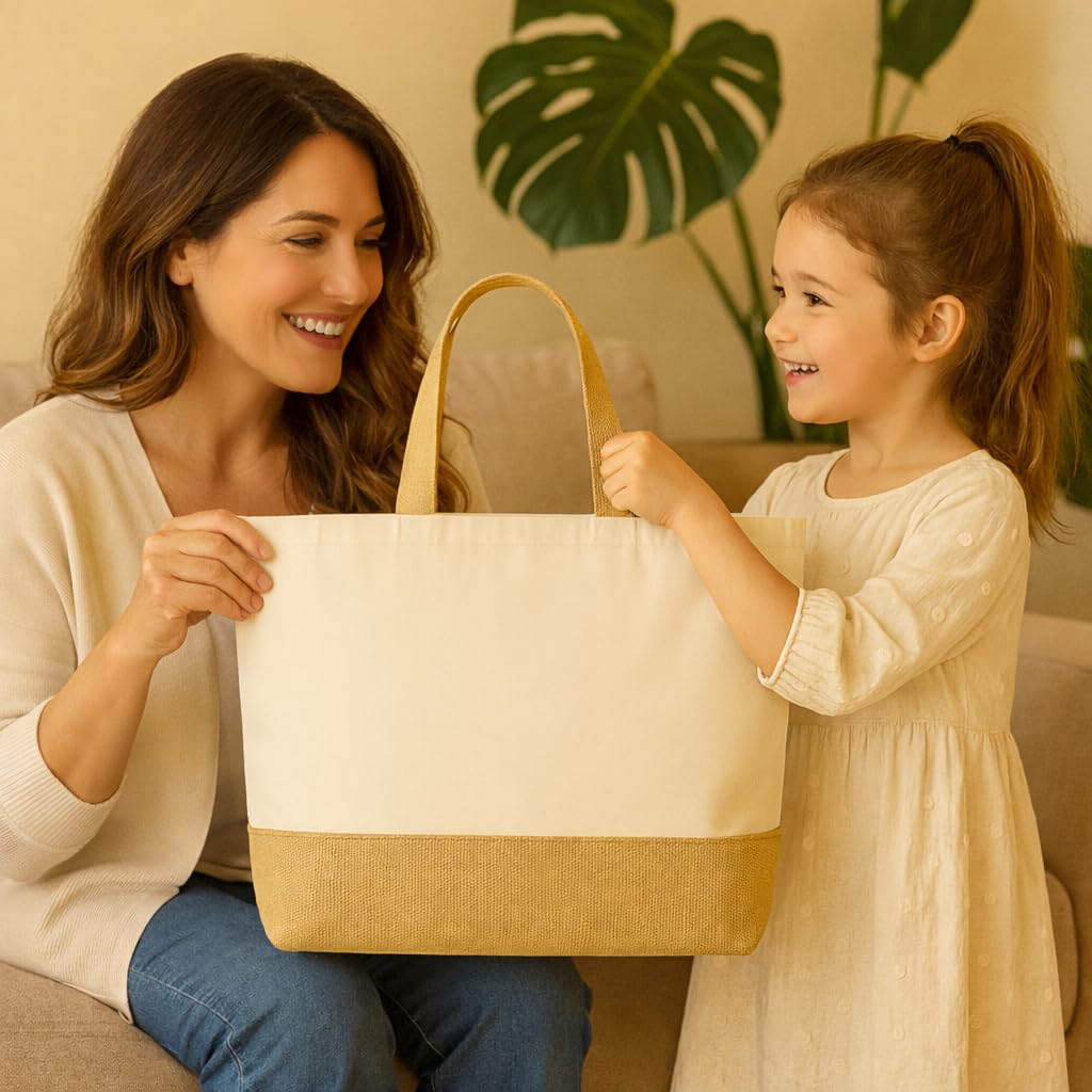 Planetee Sac Maman au top | Cabas de Plage Courses Coton et Toile de Jute Idée Cadeau Femme