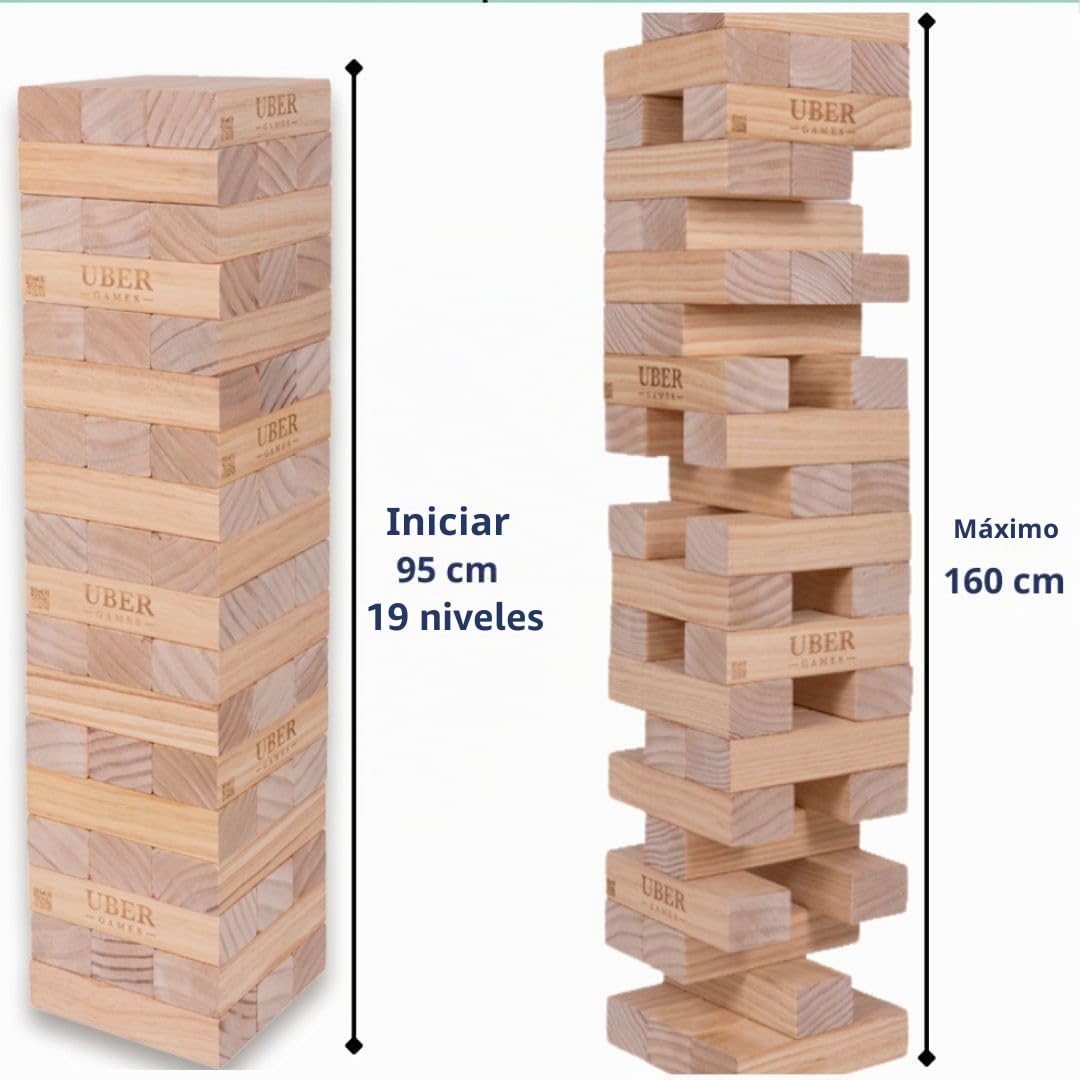 Ubergames Torre gigante tambaleante de hasta 160+ cm XXL Jumbo Hi-Tower en bolsa – 1,6 m (máximo en el juego). Juego de torre de madera de pino macizo - Bloques extra de lujo y bolsa (hasta 160+ cm)