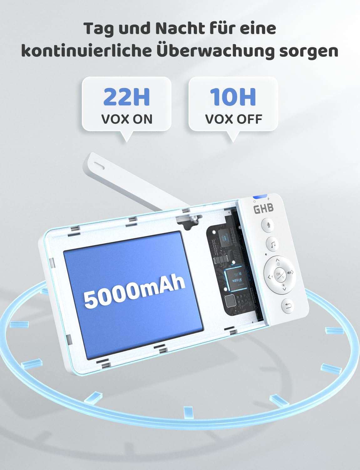 GHB Babyphone mit Kamera 5 Zoll IPS-Display 720P 5000 mAh VOX-Energiesparmodus 4X Zoom Nachtsicht Zwei-Wege-Audio Temperatursensor Nicht drehba
