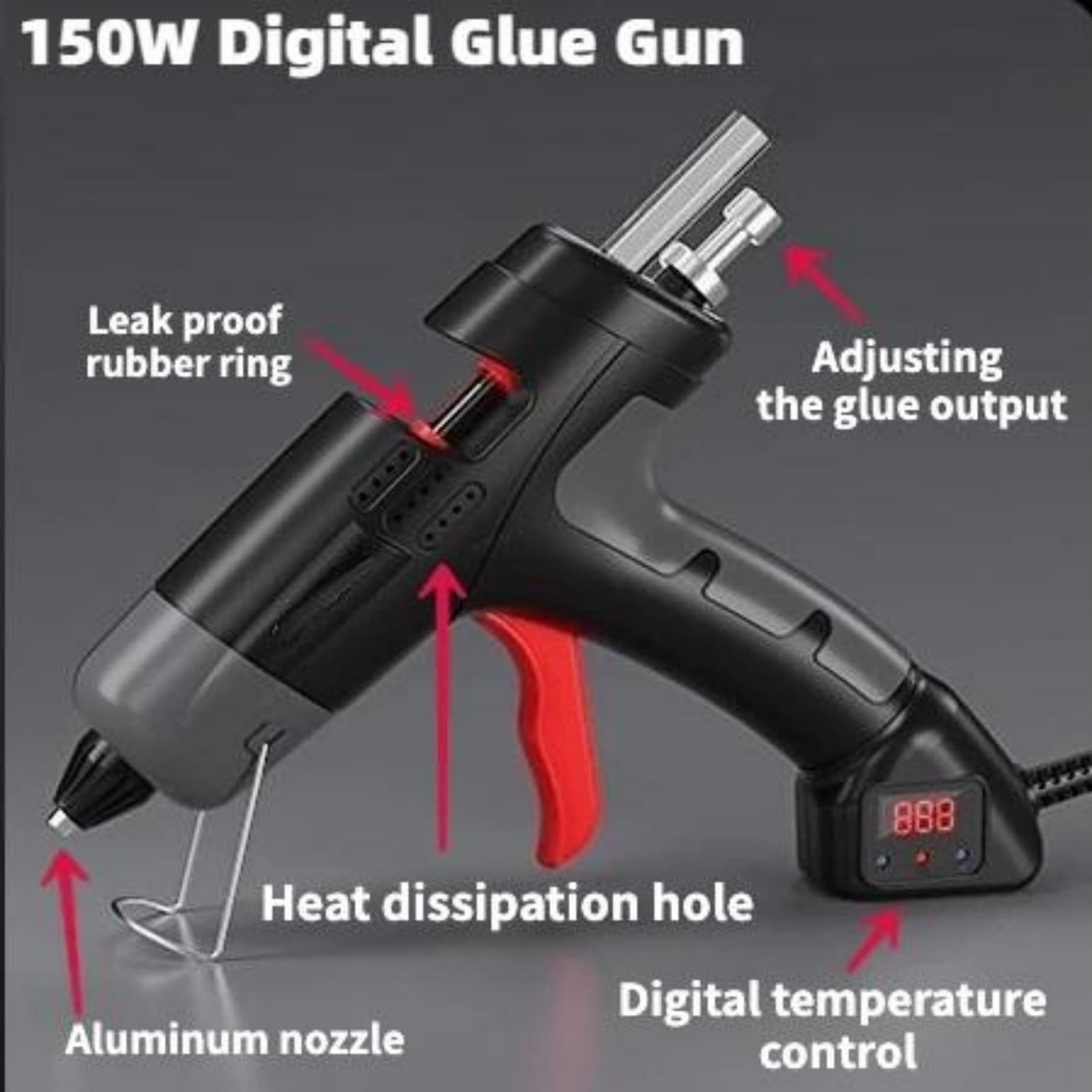 Pistola de pegamento profesional 11 mm con control temperatura, pantalla digital, ajuste pistola silicona caliente industrial pistola de pegamento caliente