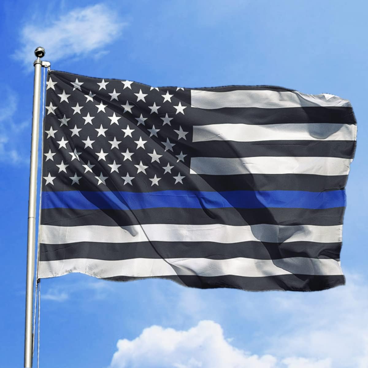 SIX FOXES Embroidered Stars Police Flag, Thin Blue Line Flags 3x5 ft, Waterproof Heavy Duty Back The Blue Flag Stripe Blue Line Lives Matter Flags Banner with 2 Brass Grommets