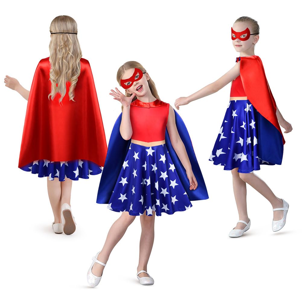 AOOWU Costumi Super Bambina, Costume da Wonder per Bambini di 3 Pcs, Set Super Girl Costume con Abito di Carnevale, Mantello, Maschera in Feltro, per Halloween, Cosplay, Festa
