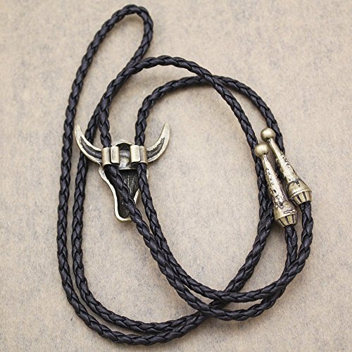 Rechicgu Vintage Gold Western Texas Longhorn Buffalo Steer Cow Skull Leather Rodeo Bolo Tie Necktie Necklace #TOP5