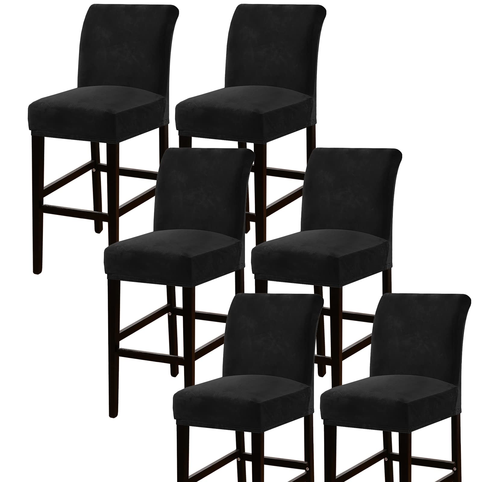 Elástico Fundas de Silla de Bar con Respaldo, Terciopelo Cubiertas para Taburete de Bar Funda para Taburete de Bar Protector para Giratorio Cocina Desayuno Sillas,Negro,6PCS