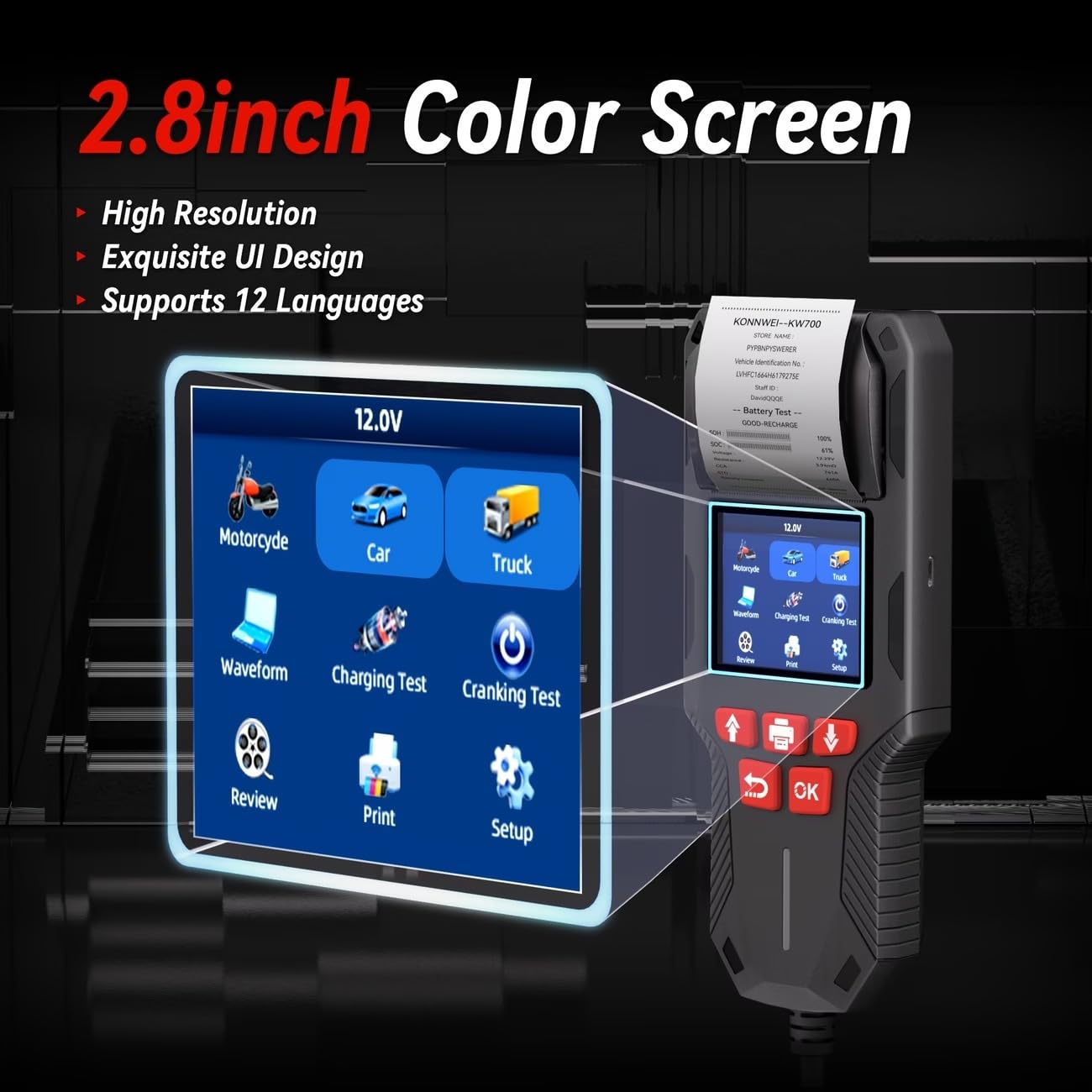 KONNWEI KW700 12V/24V Autobatterie Tester mit Drucker, Digitales Batterie-Analysegerät für PKW, LKW, Motorrad, AGM/GEL/EFB/Lithium Batterien,CCA/EN/DIN Normen, Start-Stopp,Lade- & Startsystem Diagnose