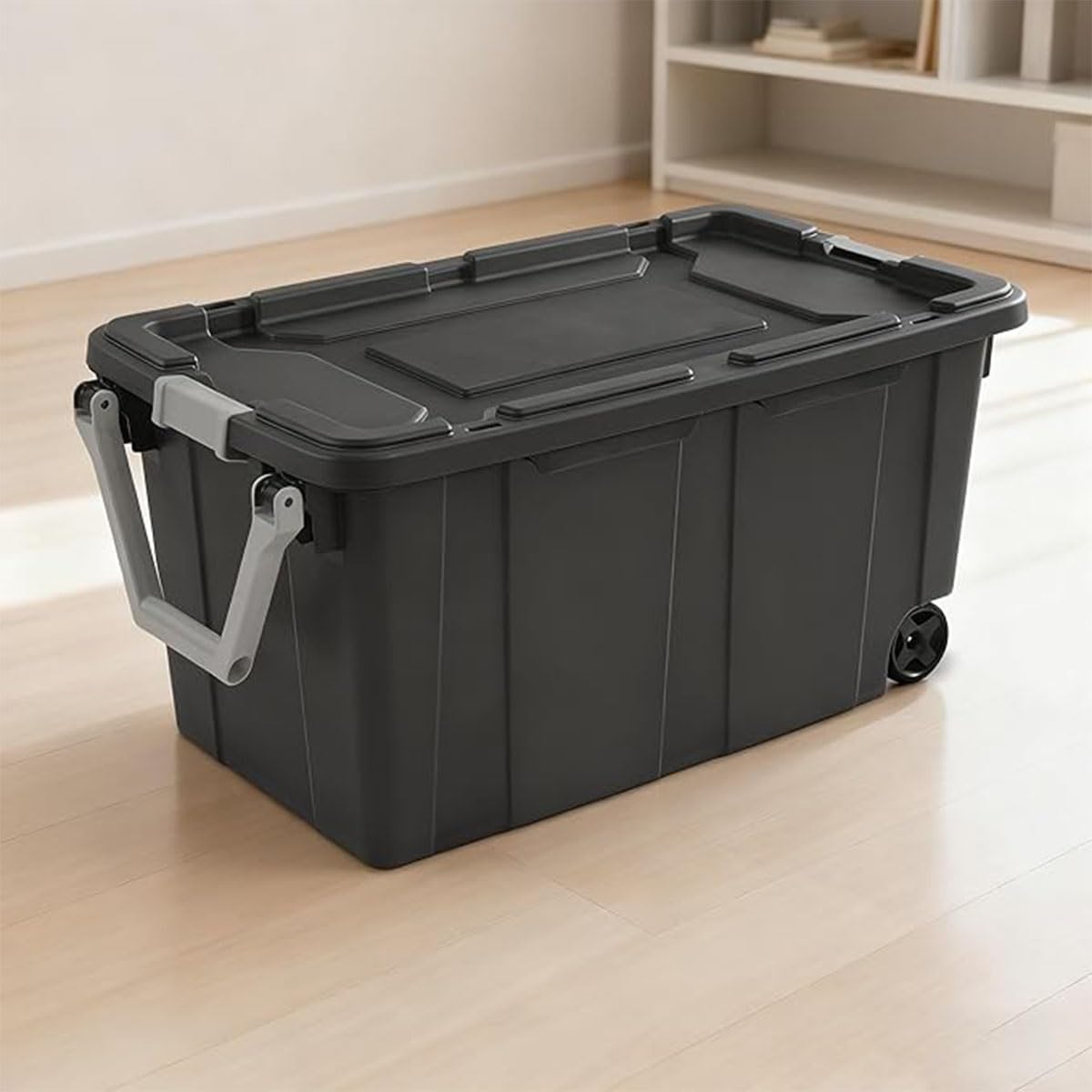 Contenitore di stoccaggio resistente con ruote, borsa industriale, contenitore in plastica robusta, coperchio con chiavistello, maniglie
