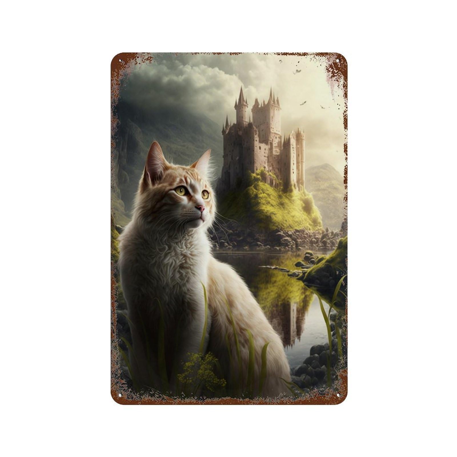 Fantasy Cat Castle Scene-1 Vintage Rust Metal Sign 11.8"x7.9", Ideal for Bistro, Counter And Cafe Decor