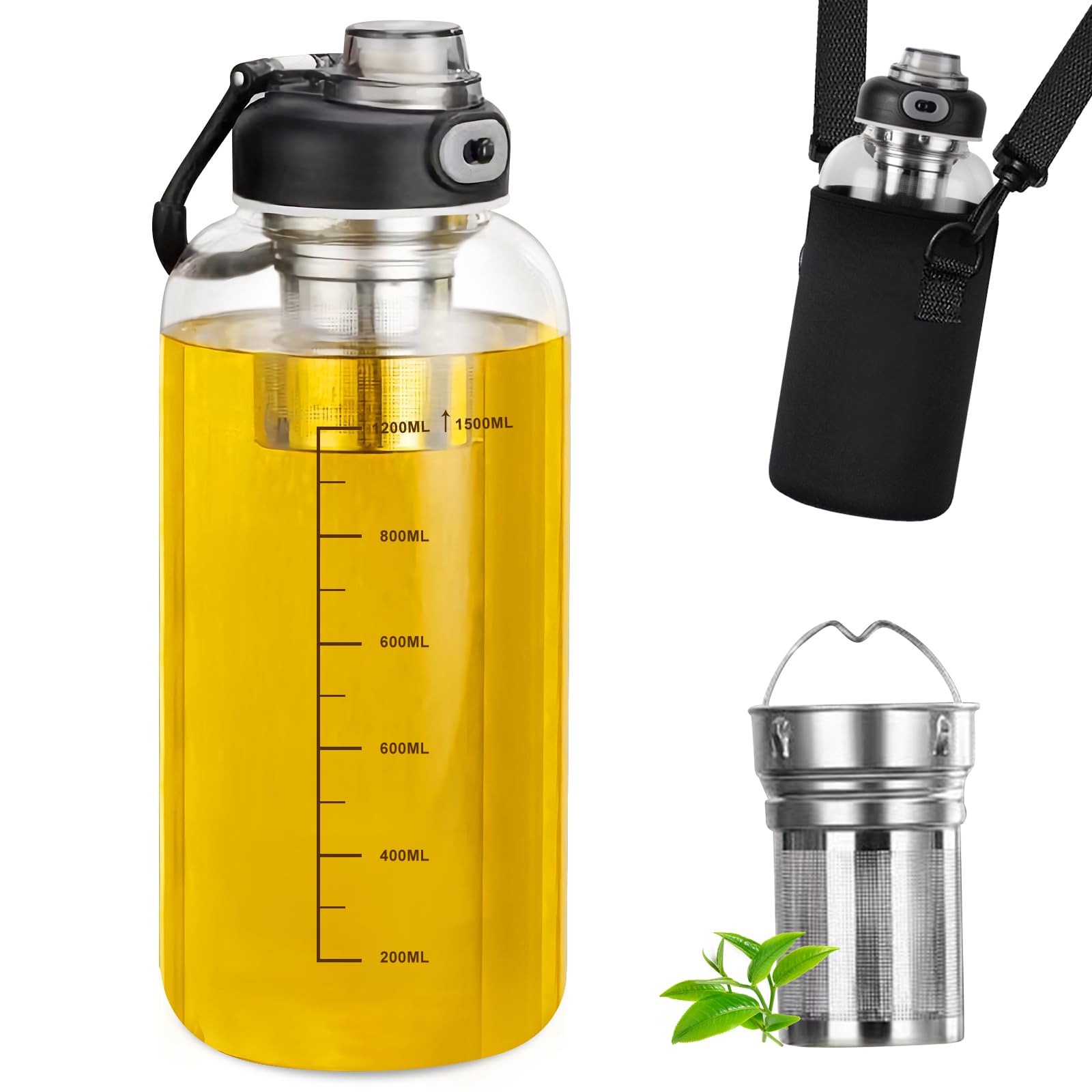 BYZESTY Szklana butelka na napoje 1,5 l – szklana butelka z sitkiem do herbaty, butelka na wodę ze szkła borokrzemowego, szczelne zamknięcie, dwie opcje picia, idealna do herbaty i w podróży