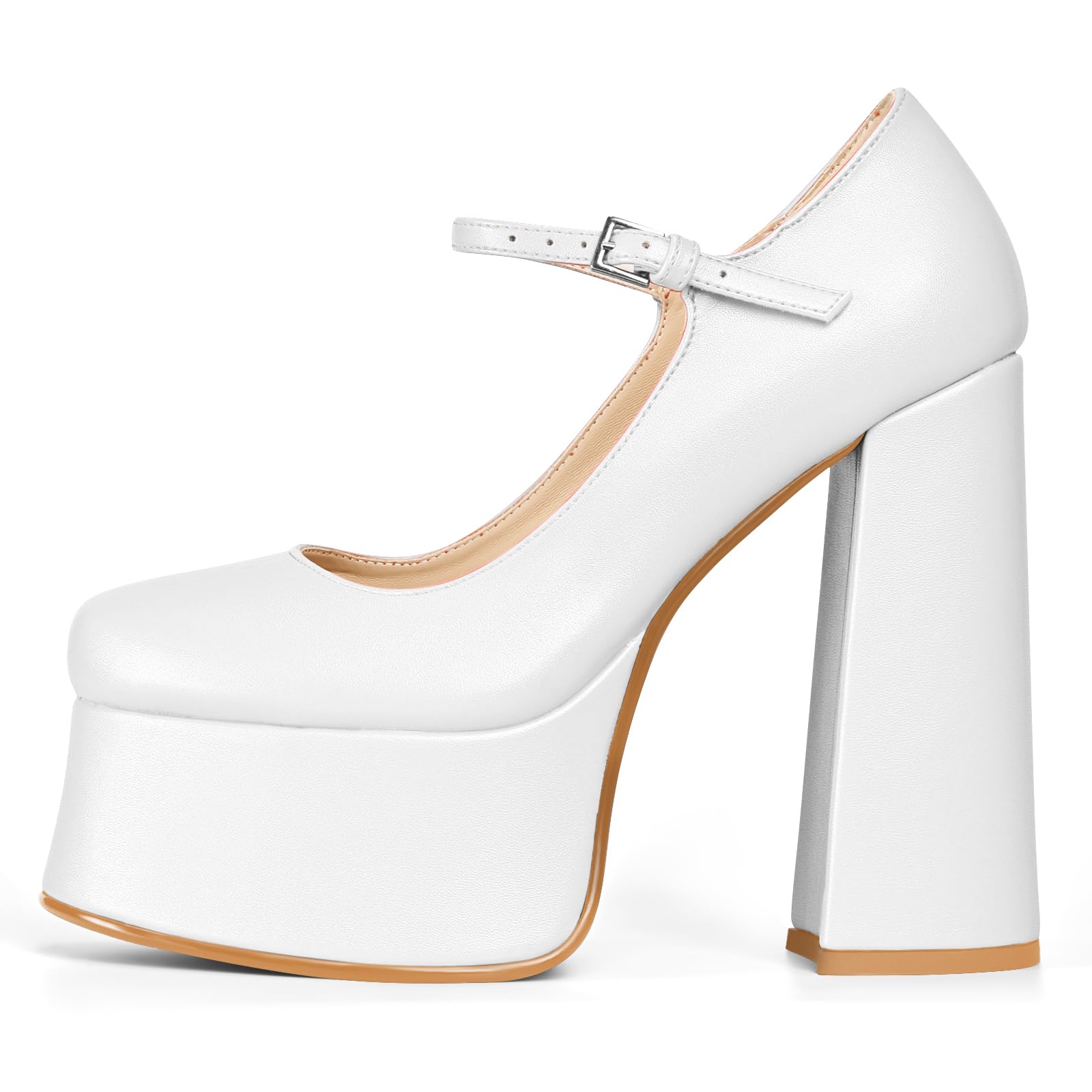 Perisis Women's Dressy Platform Chunky High Heels Patent Leather Ankle Strap Closed Toe Heeled Mary Jane Pumps Shoes