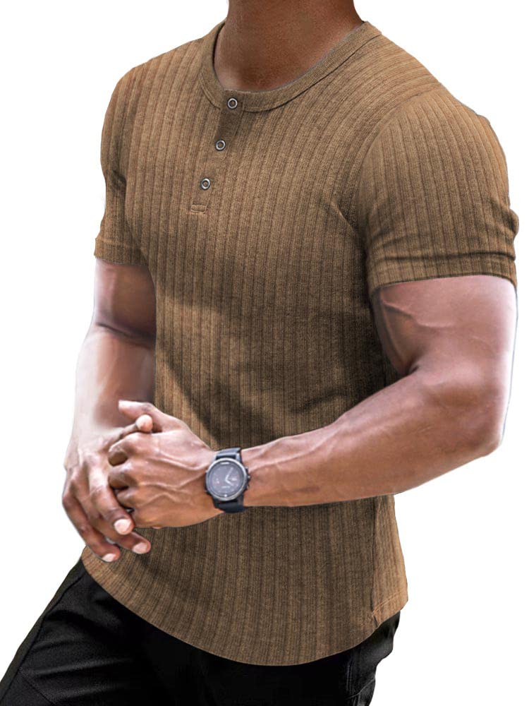 Muscle Cmdr Men's Ribbed Henley Shirt Slim Fit Muscle Shirt Fitted Cotton Short&Long Sleeve Casual T-Shirt XX-Large 01brown-short