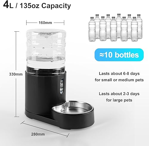 Miniatura 2 de CZPET Dispensador de agua para perros, cuenco de acero inoxidable de 4 L, dispensador automático de agua para gatos por gravedad, cuenco de agua