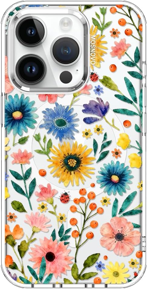 MOSNOVO for iPhone 14 Pro Case, Compatible with Magsafe, Shockproof Military-Grade Protection 6.6ft Drop Tested, Magnetic Clear Phone Case for iPhone 14 Pro, Wildflower Bloom Design