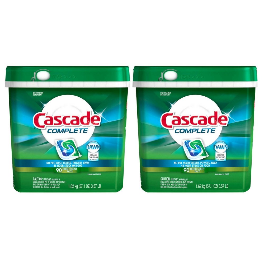CascadeComplete Dishwasher Detergent, with Dawn Grease Fighting Power, 90 Fresh Scent Action Pacs (Pack of 2)