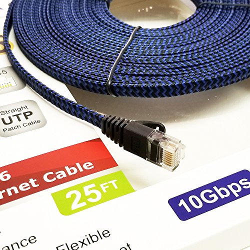 Tera Grand - 25 Ft Cat6 10 Gigabit Ethernet Ultra Flat Braided Network Cable, Black/Blue, Computer Internet Lan Cable With Snagless Rj45 Connectors (25 Feet) #TOP7