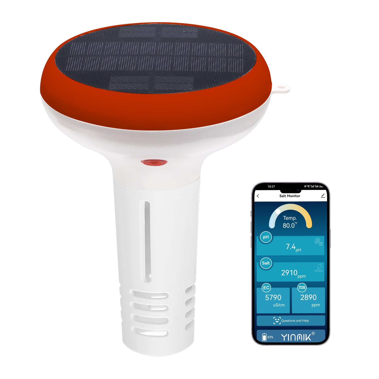 Pool pH Salz Monitor, WLAN pH Messgerät und Salzgehalttester, Intelligenter pH Salz TDS EC Temp Monitor für Schwimmbäder 5 in 1, Schwimmender Solarbetriebener Salzmonitor für Salzwasser Whirlpool Spa