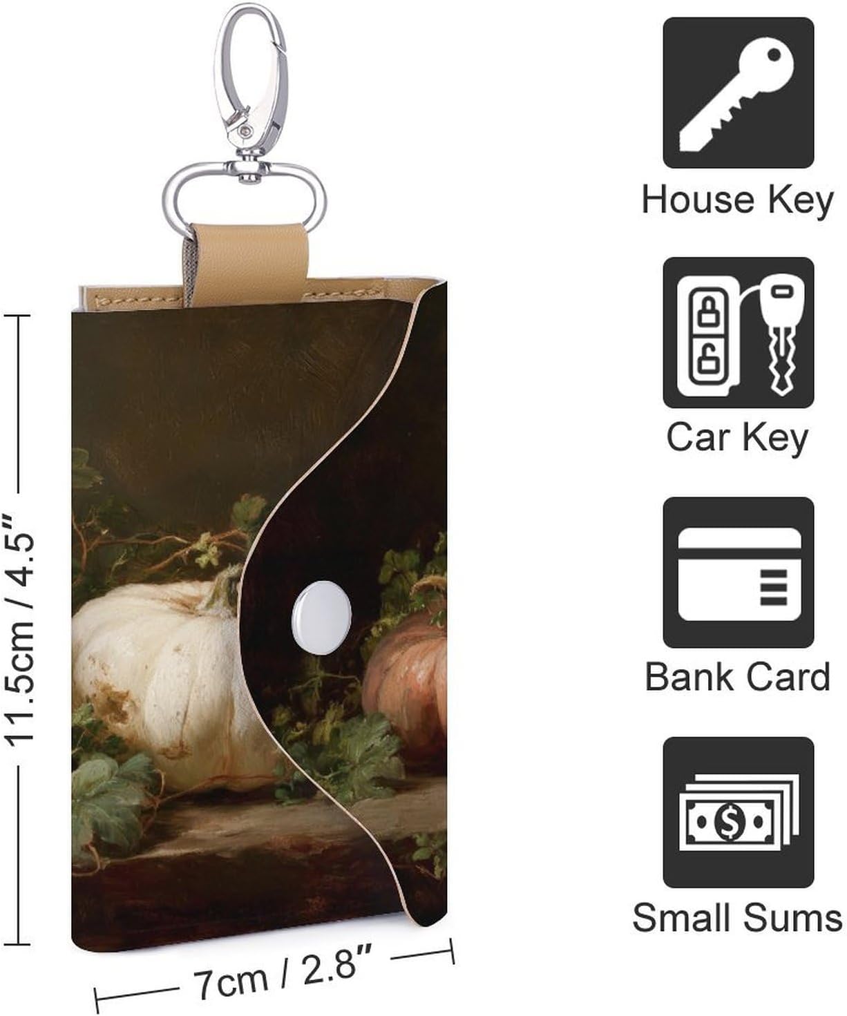 Vintage Green White Pumpkins on Table Key Holder Bag PU Leather ID Card Holder Keychains Case Cover for Men Women