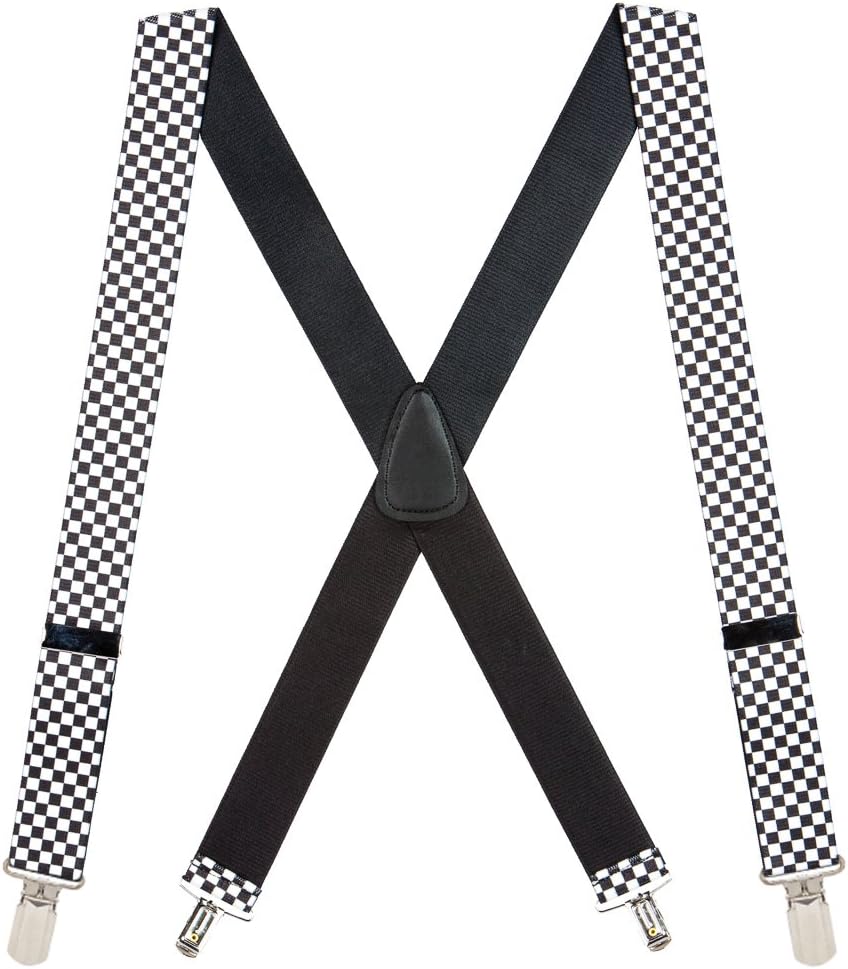 Suspender Store Black & White Checkered Suspenders- 1.5" Wide Elastic - X-Back - Small Pin Clip - 4 Sizes Includes Big & Tall