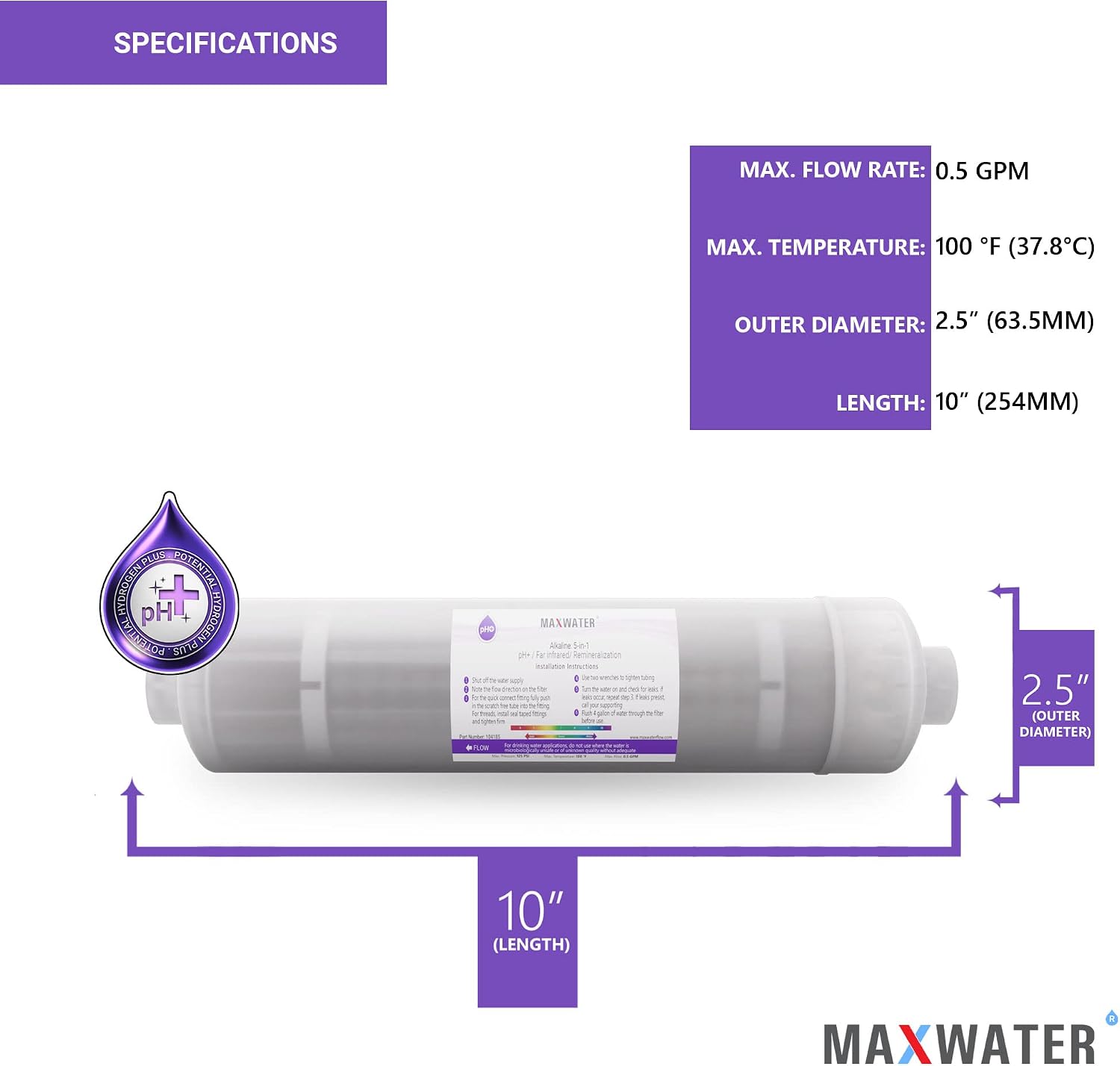 Max Water Alkaline Water Filter Replacement (2 Pack) Ph+ Alkaline, Mineral, Antioxidant, Far infrared 5 in 1 filter, compatible with 10 Inch Under Sink Reverse Osmosis RO Water Filtration Systems