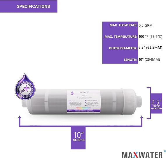 Max Water Alkaline Water Filter Replacement (2 Pack) Ph+ Alkaline, Mineral, Antioxidant, Far infrared 5 in 1 filter, compatible with 10 Inch Under Sink Reverse Osmosis RO Water Filtration Systems