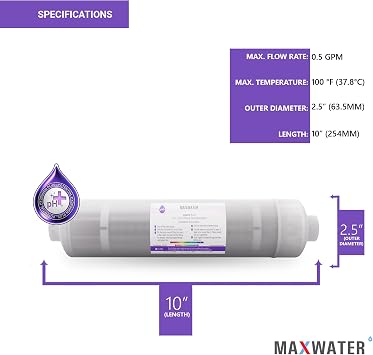 Max Water Alkaline Water Filter Replacement (2 Pack) Ph+ Alkaline, Mineral, Antioxidant, Far infrared 5 in 1 filter, compatible with 10 Inch Under Sink Reverse Osmosis RO Water Filtration Systems
