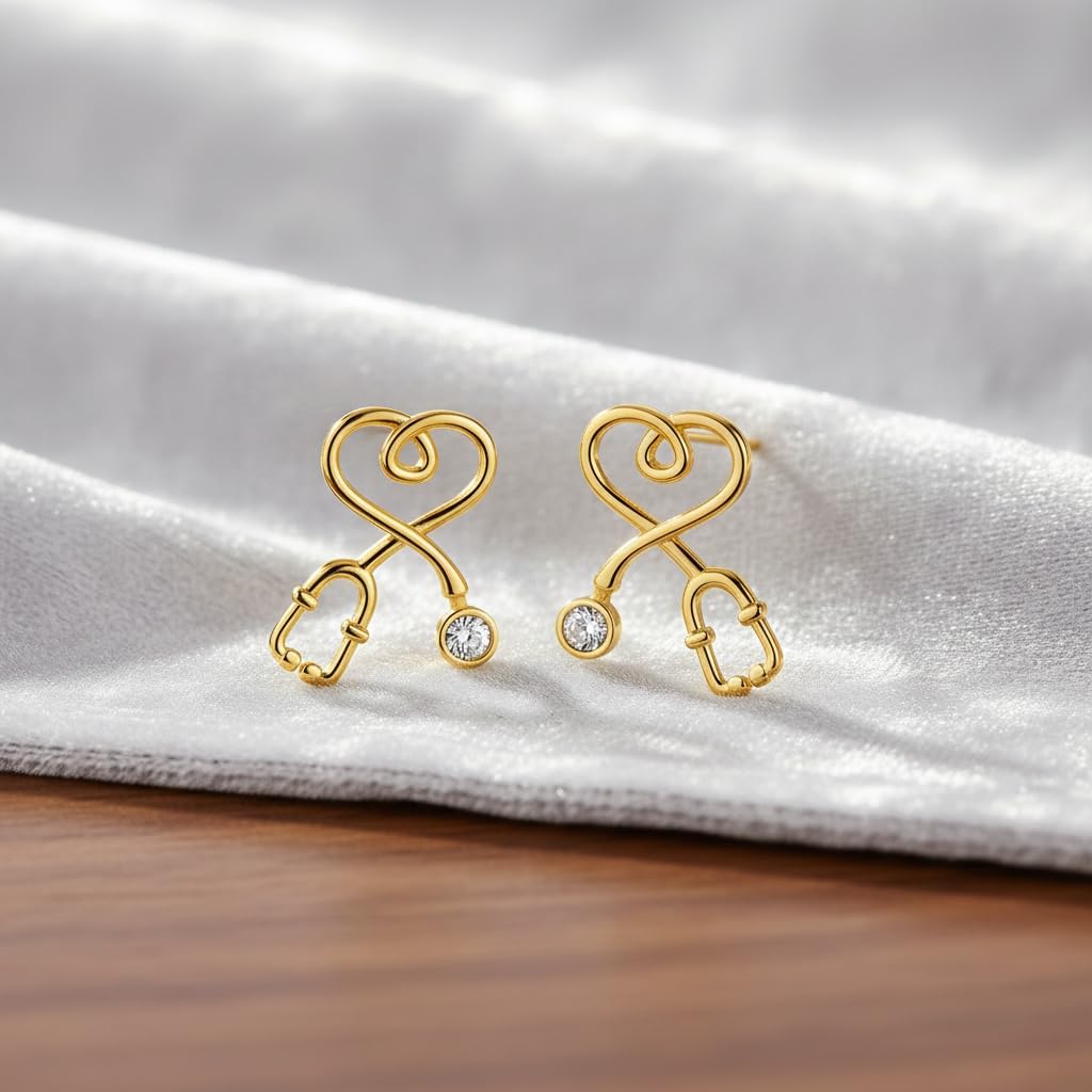 Nurse Gifts for Women 925 Sterling Silver 18K Gold Plated Stethoscope Diamond Studs Earrings D-F Color Moissanite Diamond Jewelry Gifts for Nurse Doctor Medical RN - Image 3