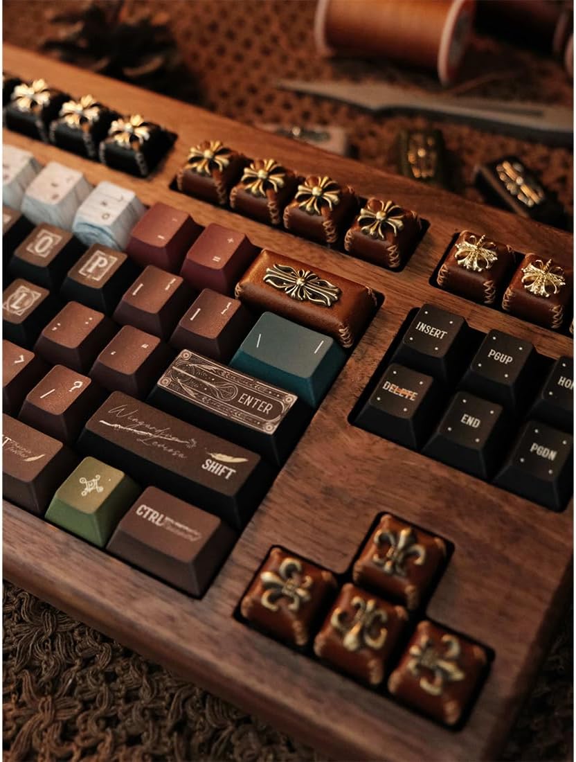 Vintage Industrial Leather Backspace Artisan Keycap, 2U Handmade Genuine Leather & Aged Metal Custom Keycaps, Retro Steampunk Desk Decor (Matte Grey with Aged White Copper)