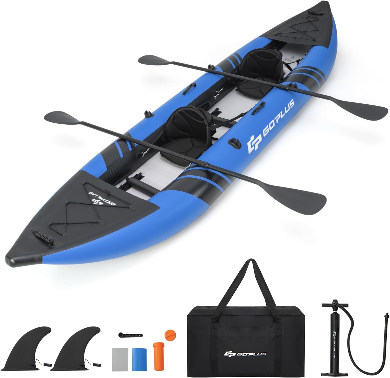 Goplus Tandem Inflatable Kayak, 12.5FT 2-Person Kayak for Adults w/507 LBS Weight Capacity, 2 Aluminium Oars, Padded Seat, 2 Fins, Hand Pump, Carry Bag, Repair Kit, Portable Touring Kayaks