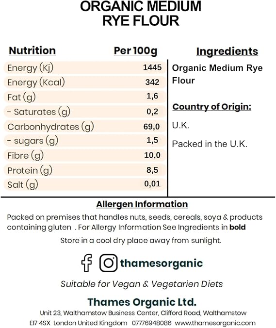 Organic Medium Rye Flour - 500g of 100% Pure & Natural Flour - No Additives, No Preservatives - Vegan, Non-GMO, Certified Organic - Great for Baking, Cooking, and Rye Bread - Thames Organic