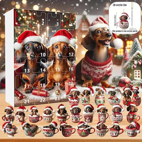 Dackel Adventskalender 2025, 24 Tage Acryl Hunde Anhänger Weihnachtskalender 2025 Kinder, Niedlicher Hund Adventskalender, Cartoon Dackel Deko Weihnachten Countdown Kalender Für Hundeliebhaber