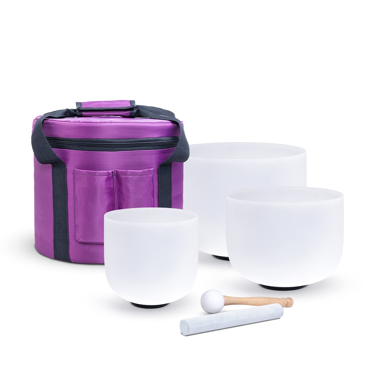 KVKA Set of 3pcs Chakra Frosted Quartz Crystal Singing Bowl 6-10 inch with case ?10''F 8''G 6''B)