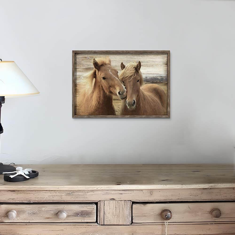 TAR TAR STUDIO Farmhouse Brown Horse Wall Art - Vintage Wooden Frame Painting Small Wild Western Pictures for Bedroom Bathroom Living Room