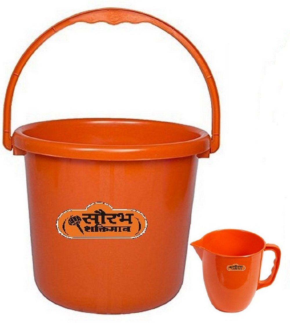 Saurabh Shaktiman Unbreakable Bucket (22 LT) & Mug (1 LT) Combo - Set of 2 - Orange, Plastic