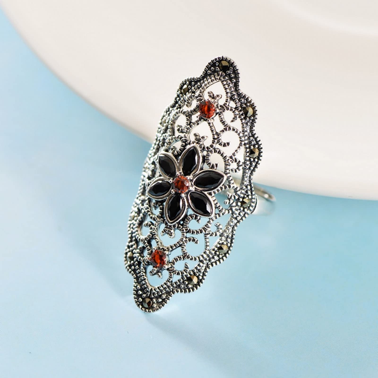 Anello da donna vintage S925 in argento Sterling, argento rosso, anello da donna con zirconi cubici, fiore cavo, regolabile, anello da donna, regalo di compleanno, Réglable, Strass