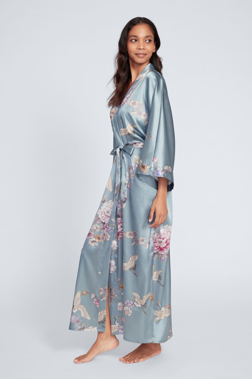 KIM+ONO Luxury Kimono Robe for Women | Long Satin Floral Robe | Original Design | Removable Waist Tie Closure | Regular Size