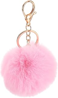 حلقة مفاتيح بوم بوم من كواركزمان، كرة فرو صناعي على شكل ارنب 8 سم، سلسلة مفاتيح ناعمة ولطيفة من الفرو للنساء والشنط وشنط الظهر (بينك)