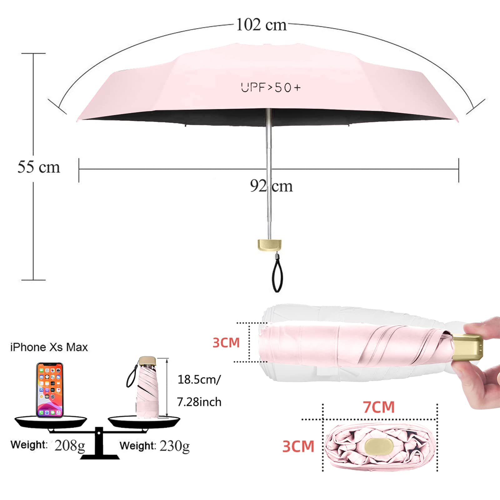 ZOCONE Mini Ombrello da Viaggio, Mini Ombrello Ultraleggero Portatile Compatto Ombrello Pieghevole Ombrello da Viaggio, 99% UV Resistenza & 100% Impermeabile(Pink)