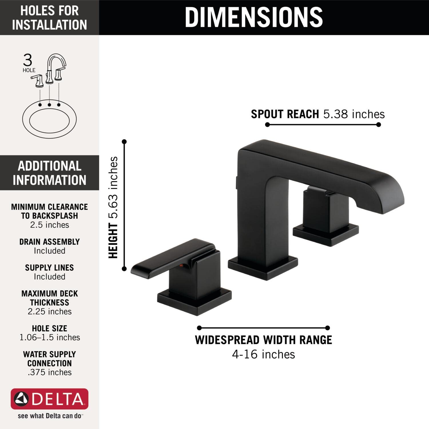 Delta Faucet Ara Widespread Bathroom Faucet 3 Hole, Matte Black Bathroom Faucet, Diamond Seal Technology, Metal Drain Assembly, Matte Black 3567-BLMPU-DST