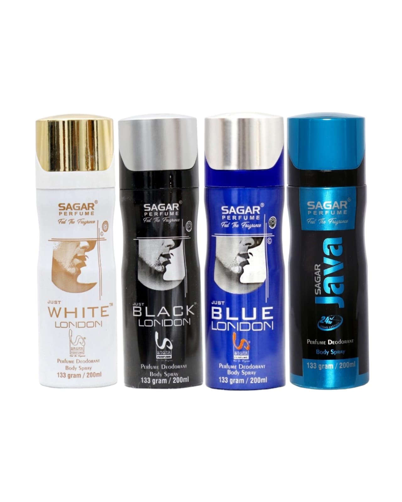 Feel The Fresh Fragrance Sagar Just White London & Just Black London & Just Blue London & Sagar Java 800 Ml Combo Of 4 Deo Unisex Perfume.