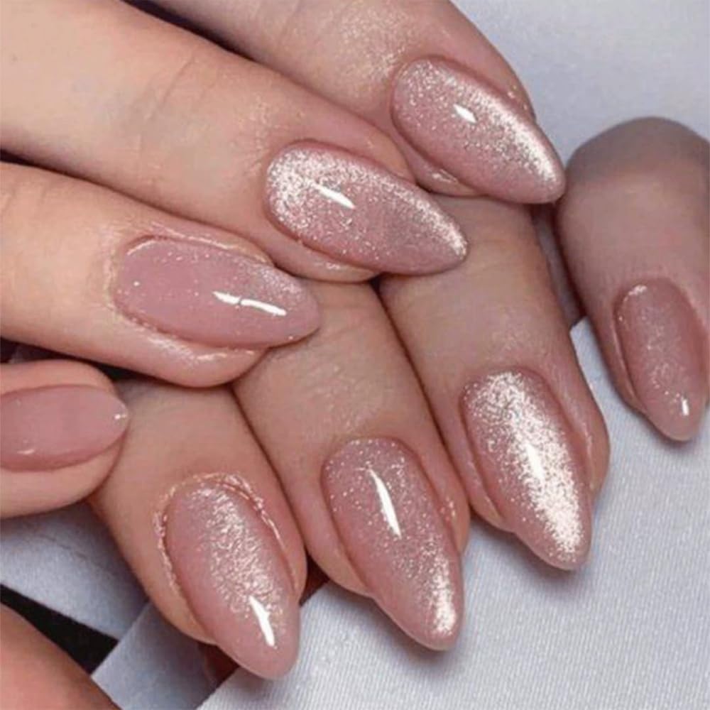 JUSTOTRY 24 Pcs Pink Cat Eye Almond False Nails Short,Peach Glitter Press on Nails Pattern,Glossy Fake Nails Medium for Nail Art,Cateye French Oval Stick on Nail for Women Gifts