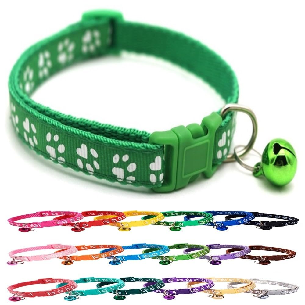 Dog Puppy Pet Small Medium Collar 2 Sizes Pawprint Design with Bell Nylon Adjustable Green S