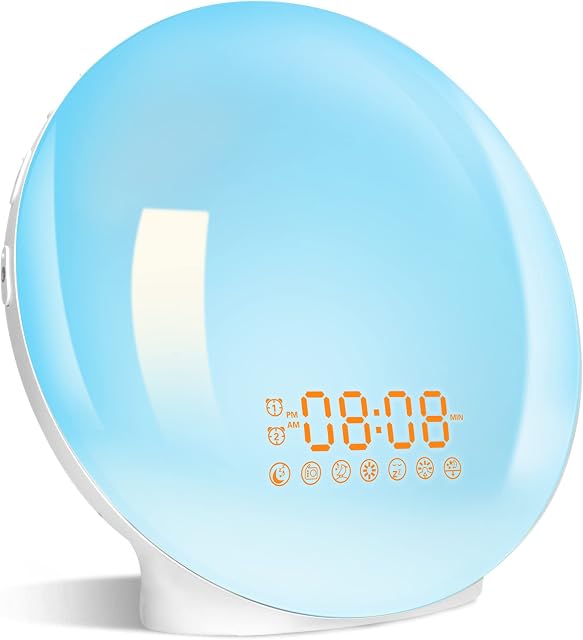 ARTINABS Sunrise Alarm Clock, Wake Up Light with Sunrise Sunset Simulation Dual Digital Alarm Clock, 7 Colors 7 Natural Sounds 20 Brightness Bedside Night Lamp with Radio for Adult Kids Bedroom