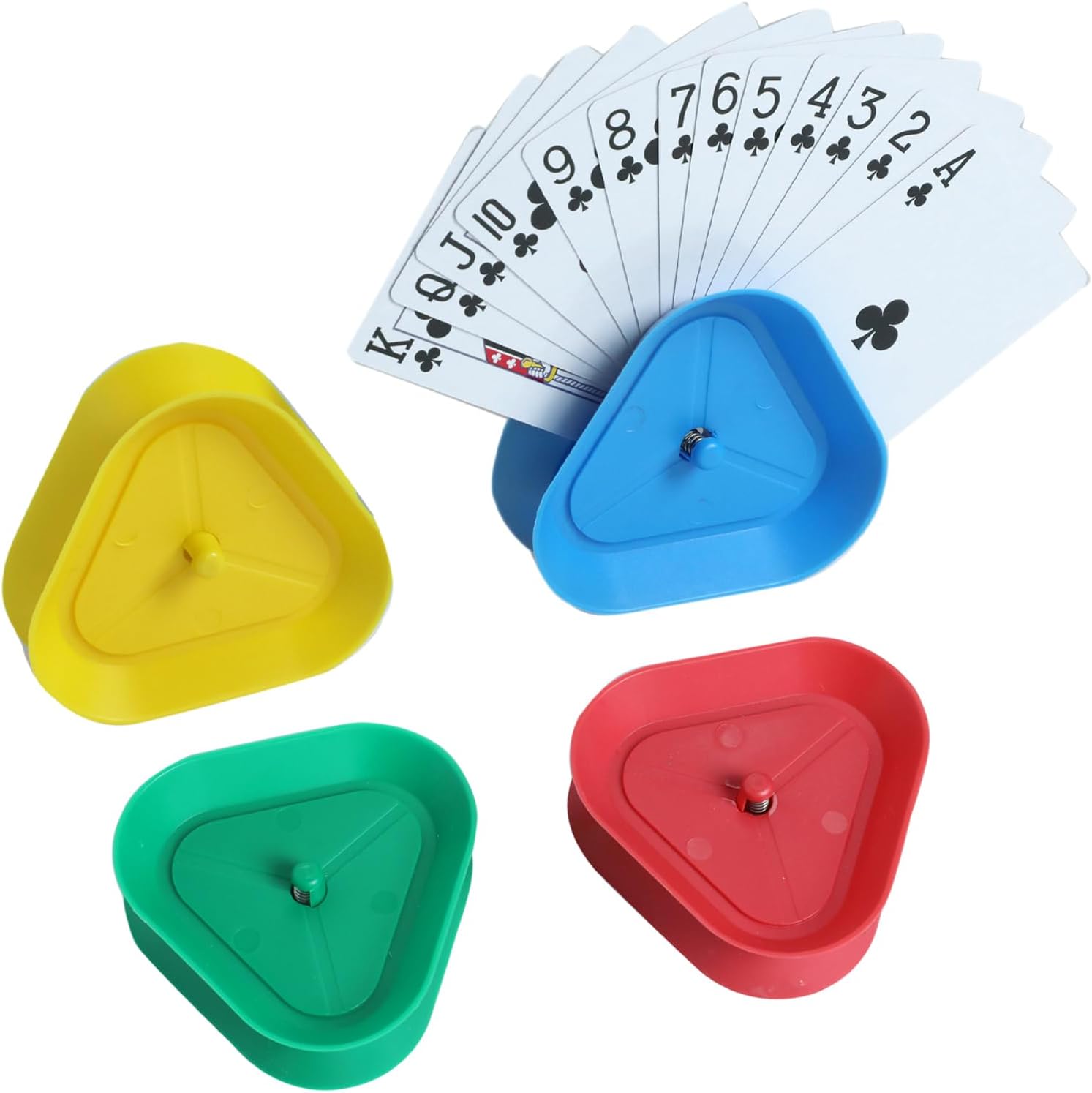 4 Pcs Triangle Shaped Hands Playing Card Game Holder, 4 Colors Hands Free Triangle Shaped Poker Tray for Groups Who Like to Play Cards Hands Card Stand Holder