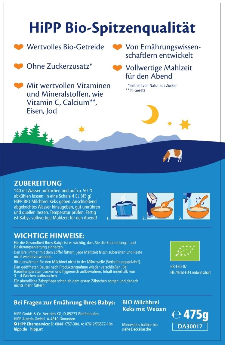 HiPP Bio Milchbrei Gute-Nacht Kinderkeks (4 x 475g), ab 6. Monat, ohne Zuckerzusatz, mit babygerechtem Vollkorngetreide, schonende Verarbeitung - sanft zu Babys Bäuchlein
