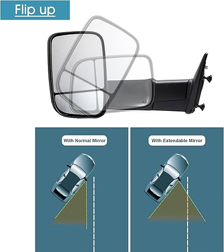 Miniatura 3 de Espejos de remolque compatibles con Dodge Ram 1500 2500 3500 2009-2018 Pickup Truck Espejo de cristal ajustable manual de espejo retrovisor abatible