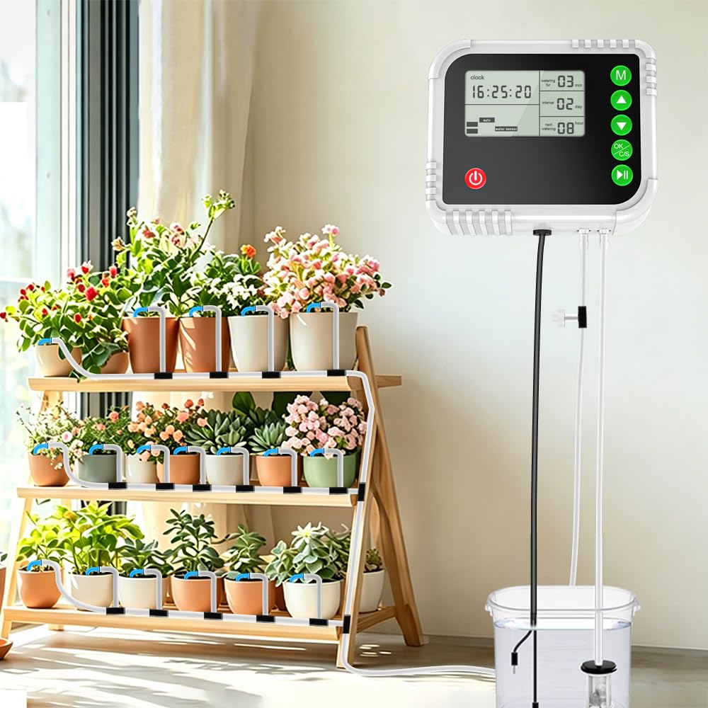 Lewisia Sistema di irrigazione a goccia automatico, kit di irrigazione automatica per interni con display LCD con timer per 15 piante in vaso, protezione da mancanza d'acqua, ricaricabile tramite USB