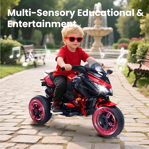 Miniatura 6 de Motocicleta para niños, juguete eléctrico de 3 ruedas con luces LED, ruedas de entrenamiento y asiento de poliuretano, recargable de 12 V, capacidad