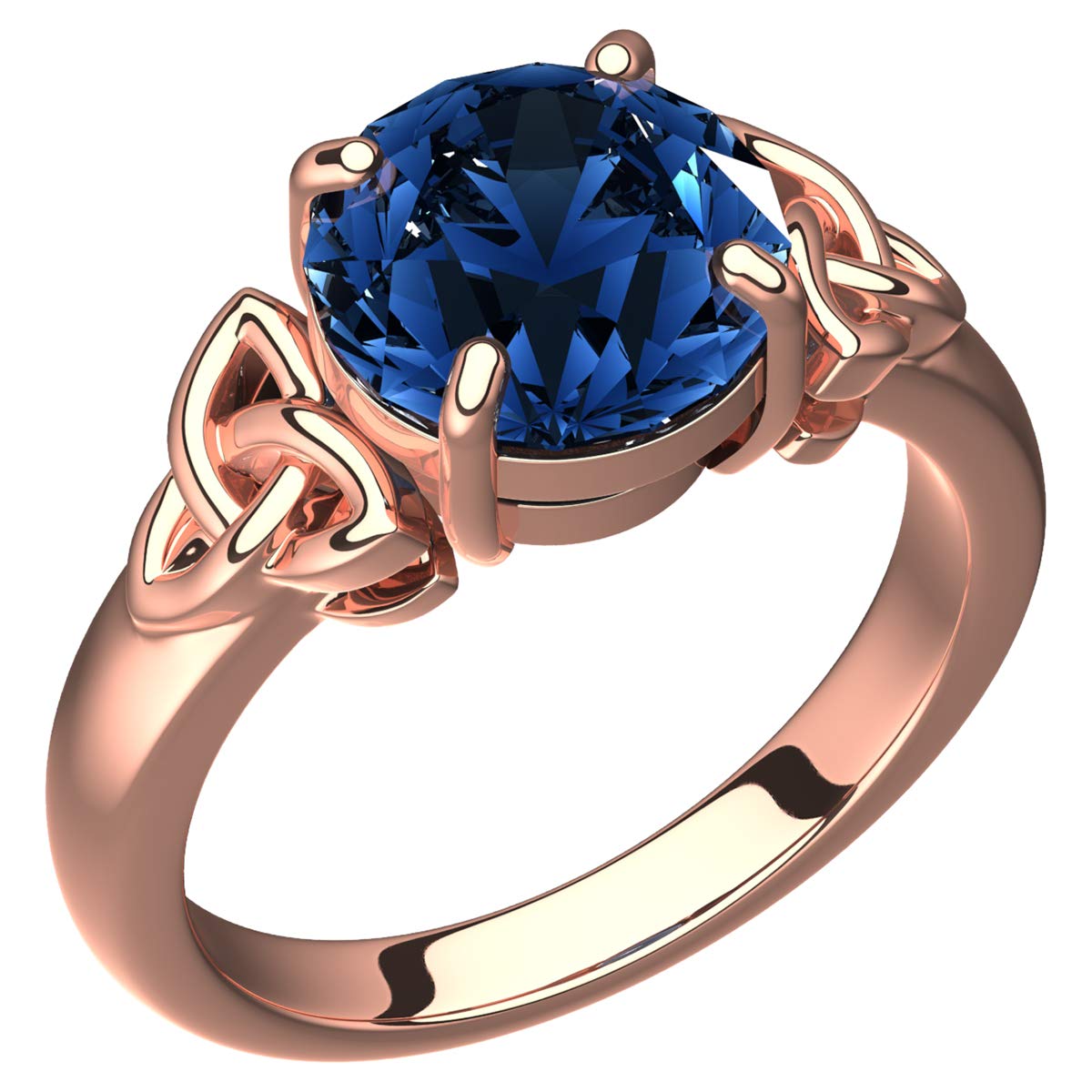GWG Jewellery Anillo Celta, Chapado en Oro Rosa 18K Piedra Grande de Color Zafiro Azul Adornado con Nudos de Trinidad en Caja de Regalo para Mujeres